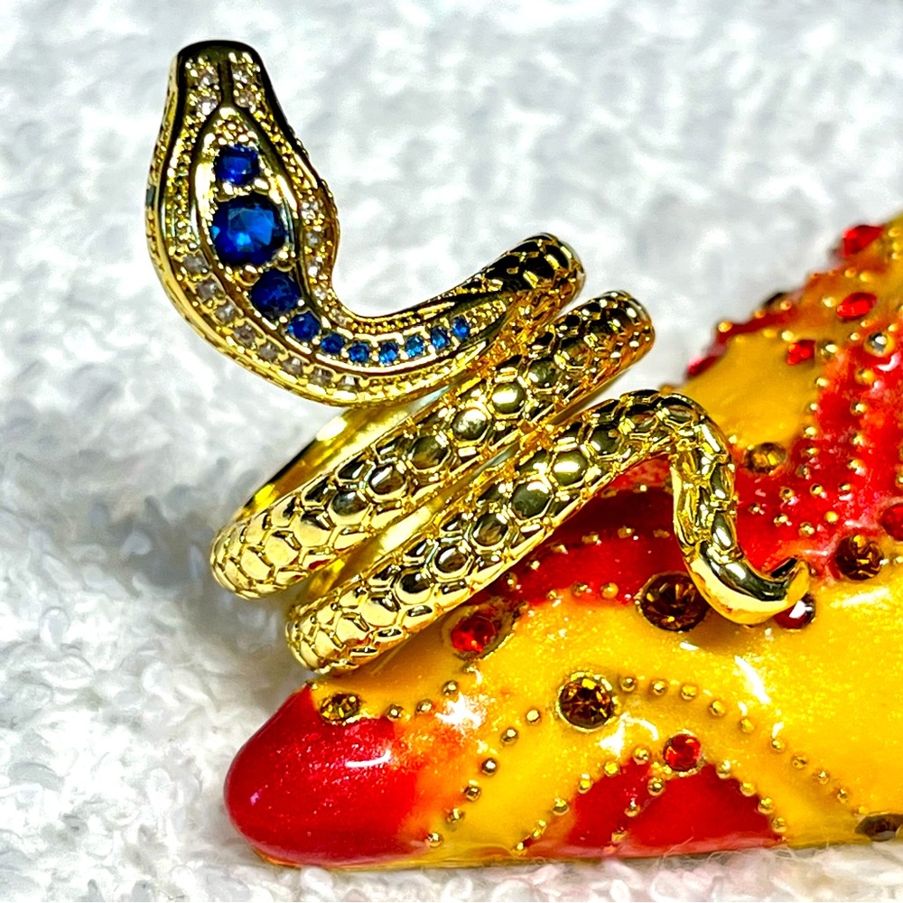Cute blue and green SNAKE ring with GEM eyes-gold over brass